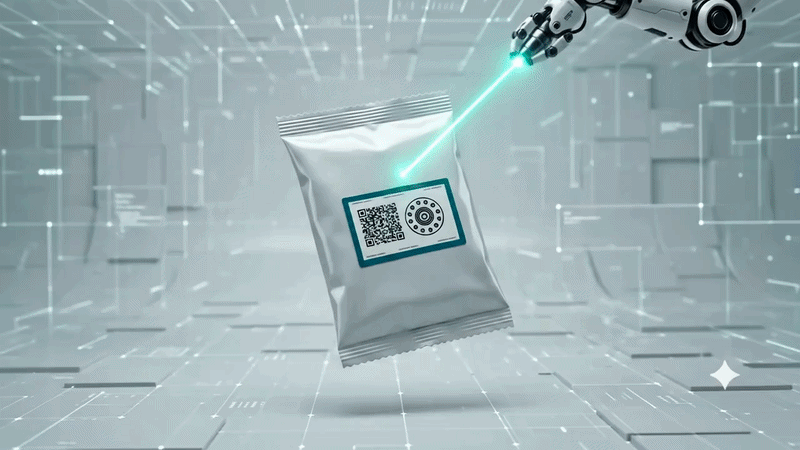 AI-powered product authentication with robotic arm scanning a uniquely coded package