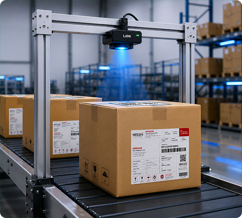 Robotic scanner reading a smart code on a package moving along a conveyor